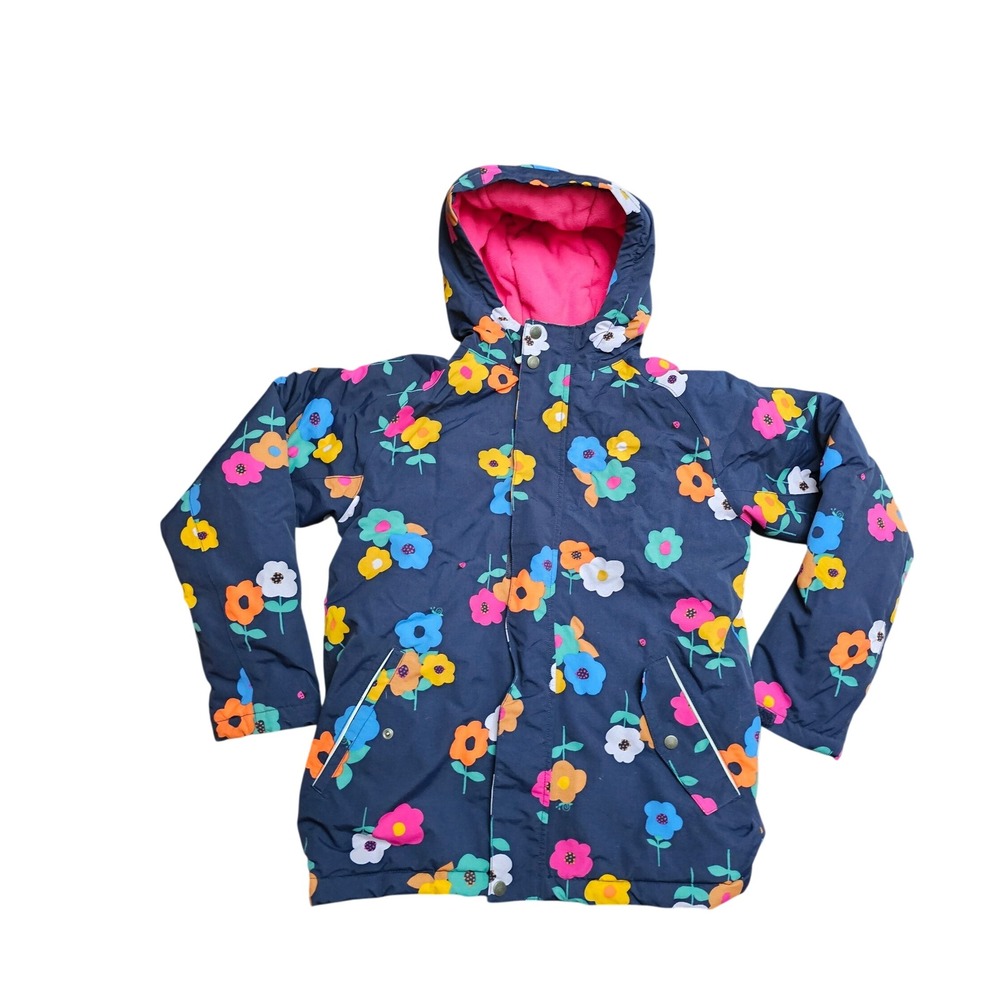 Hanna Andersson Navy Blue Floral Hooded Jacket Pink Fleece Lined Reflective